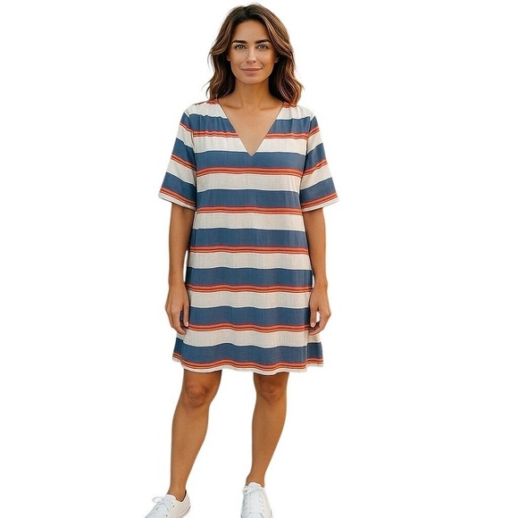 Traffic People Linen Blend Blue Orange Stripe Casual Minimalist Dress Small - Picture 2 of 8